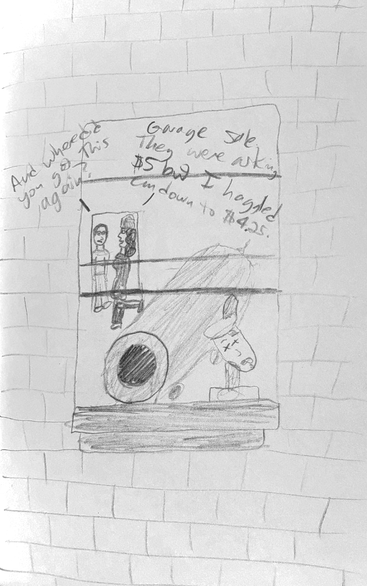 Dudely in Captenne's apartment as shown through the window. The parking officer's head on a pike from a couple comics up is propping up the window, but there is now also a large cannon sticking out of it. Dudely: 'And where did you get this again?' Captenne: 'Garage sale. They were asking $5 but I haggled em down to $4.25.'