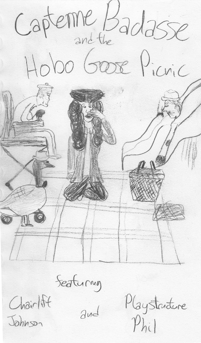 Captenne Badasse and the Hobo Goose Picnic featuring Chairlift Johnson and Playstructure Phil. Captenne sitting in the middle on a plaid picnic blanket, an elderly man in a chairlift on the left, a Canada goose with a beat-up hat and stubble on the left, and a hobo-looking man on the right reaching down from a bumpy slide to grab food from the picnic basket.