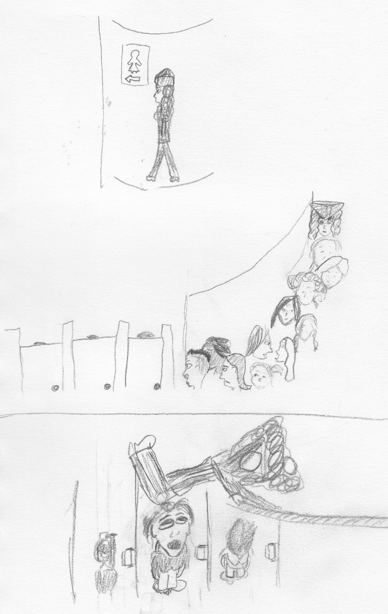 Frame one: Captenne walks into a hallway where the women's washroom sign is pointing. Frame two: Captenne is in a queue behind eleven other women. Frame three: Captenne seen from above, with the top of her tricorn hat and her curly hair blowing behind her, holding onto a rope and swinging over the toilet stalls. One woman in a middle stall is looking up at her in shock.