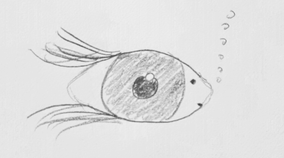 An eye with long thin lashes on the outer side, with the inner side looking like a fish face with air bubbles coming up from it
