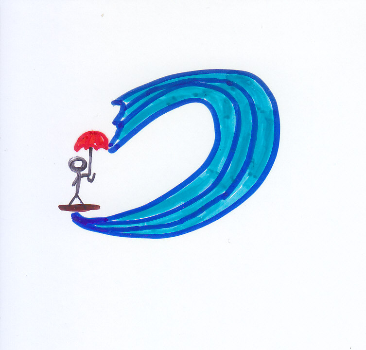 drawn in permanent marker, a tidal wave made up of dark blue curved lines filled in with light blue, crashing towards a stick figure in black on a brown surfboard holding a red umbrella