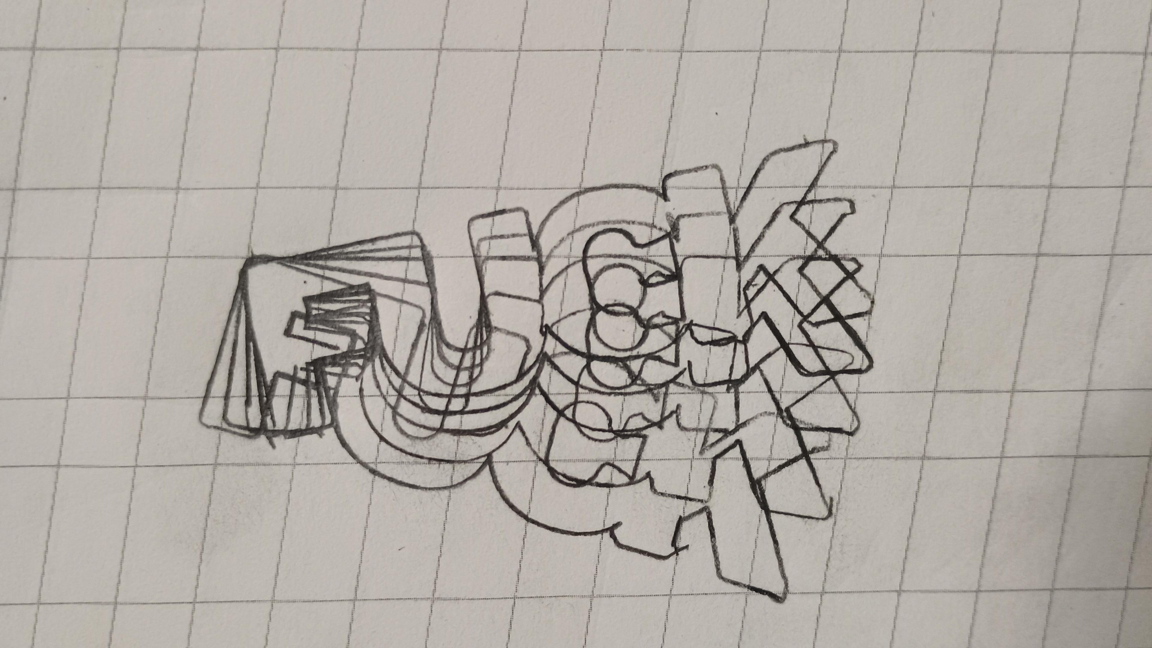 Calligraphy paper with horizontal and diagonal lines, but instead of anything remotely as artful as actual calligraphy, it is a tracing around the word 'FUCK' five times at different angles from an anchor point on the top left corner of the F.