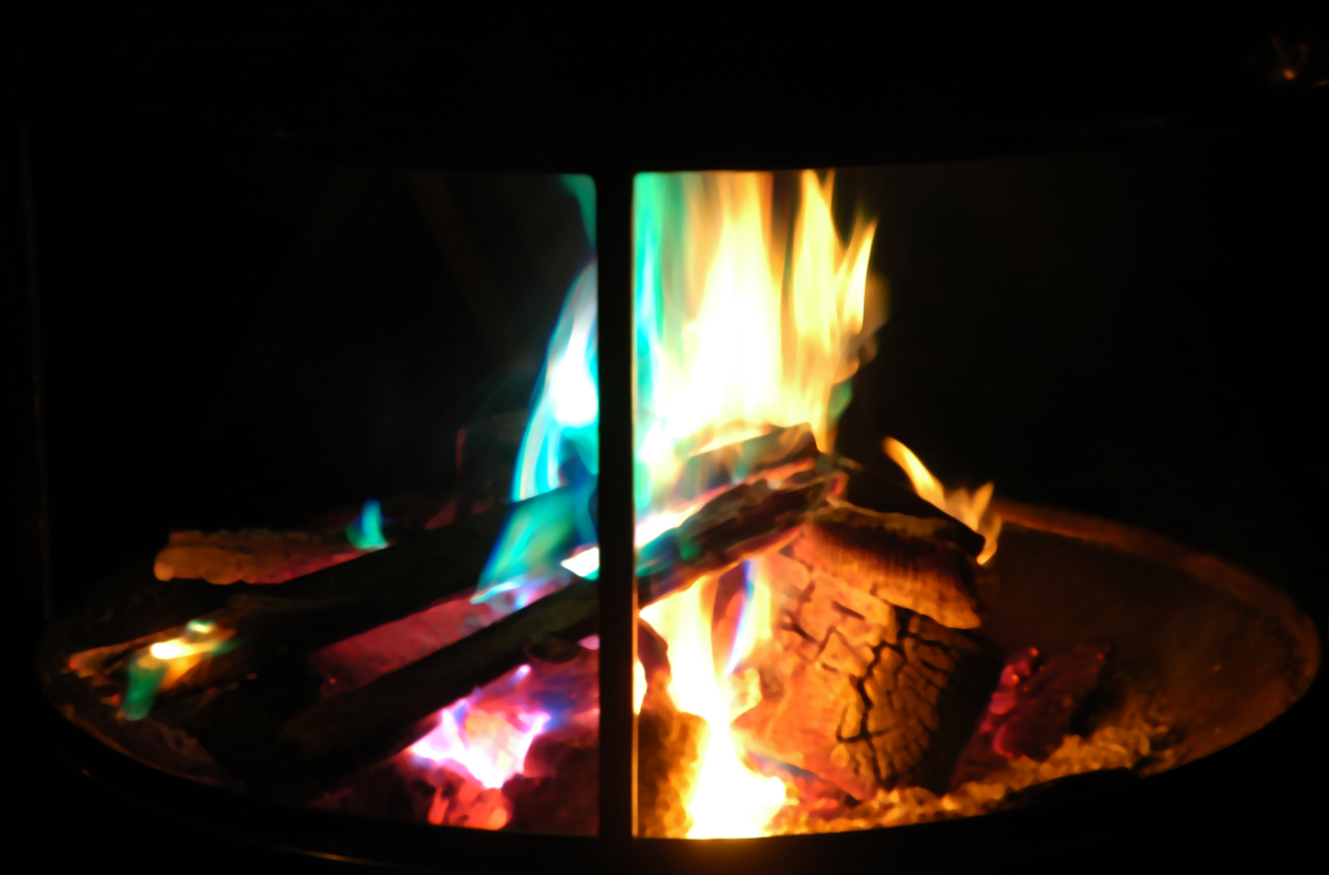 a blurry fire pit with colourful flames