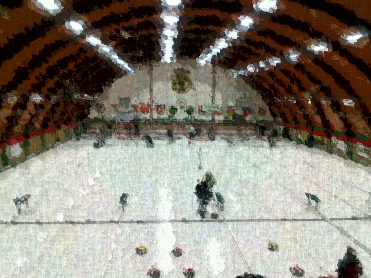 a curling rink with a high arching wood ceiling and several curling sheets, some of which have games in action with rocks and people on the ice, made to look like an impressionist style painging