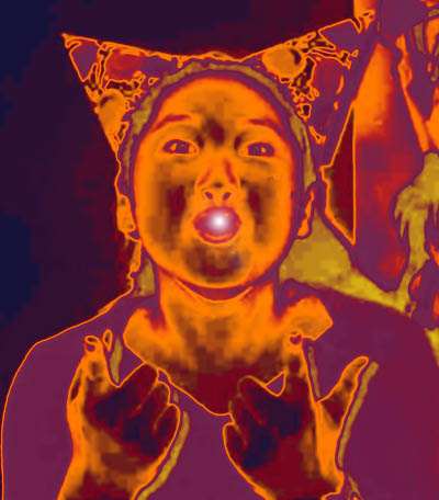 a girl wearing two party hats like horns on her head, making a face like she's blowing a bubble and pointing both fingers at the photographer. A purple, red, and orange gradient is applied, and a intense light is put at the opening in her mouth.