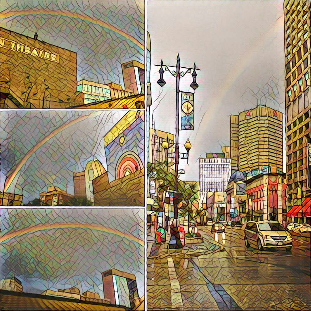 a collage of photos a rainbow seen in downtown winnipeg put through an art app to look like a painting