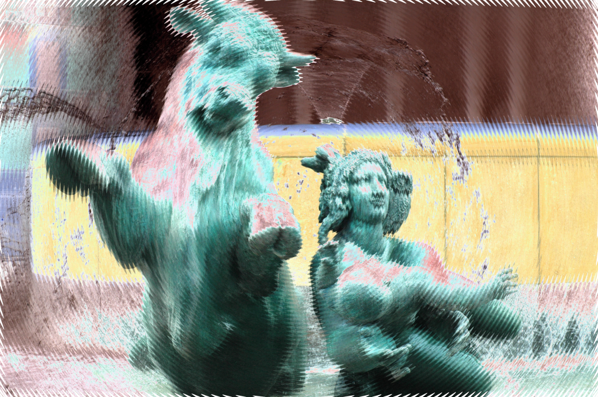 a fountain with a statue of a woman holding a baby and a bull jumping out of the fountain. The image is partly solarized to make the background look brown, fountain structure look yellow, and statues look like a light oxidized green. Ripples are added to come out from the center.