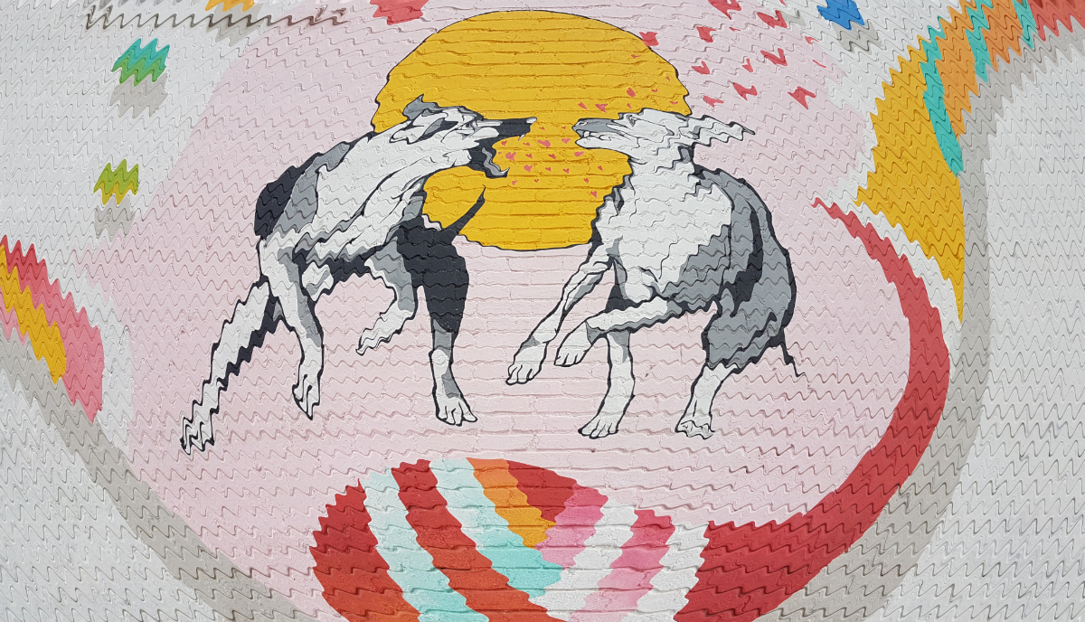 a mural on a brick wall of one dog barking at another with hearts over their heads, with ripples added to make the bricks look wave-like