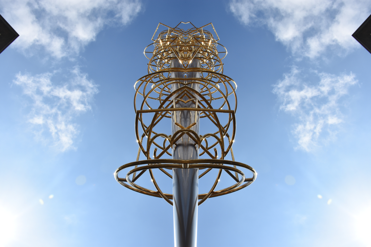 a tall silver pole with golden hoops of various angles, taken from below with a nearly cloudless blue sky, diverging in the middle as a mirror image with the pole veering slightly away from center on both sides as it gets higher