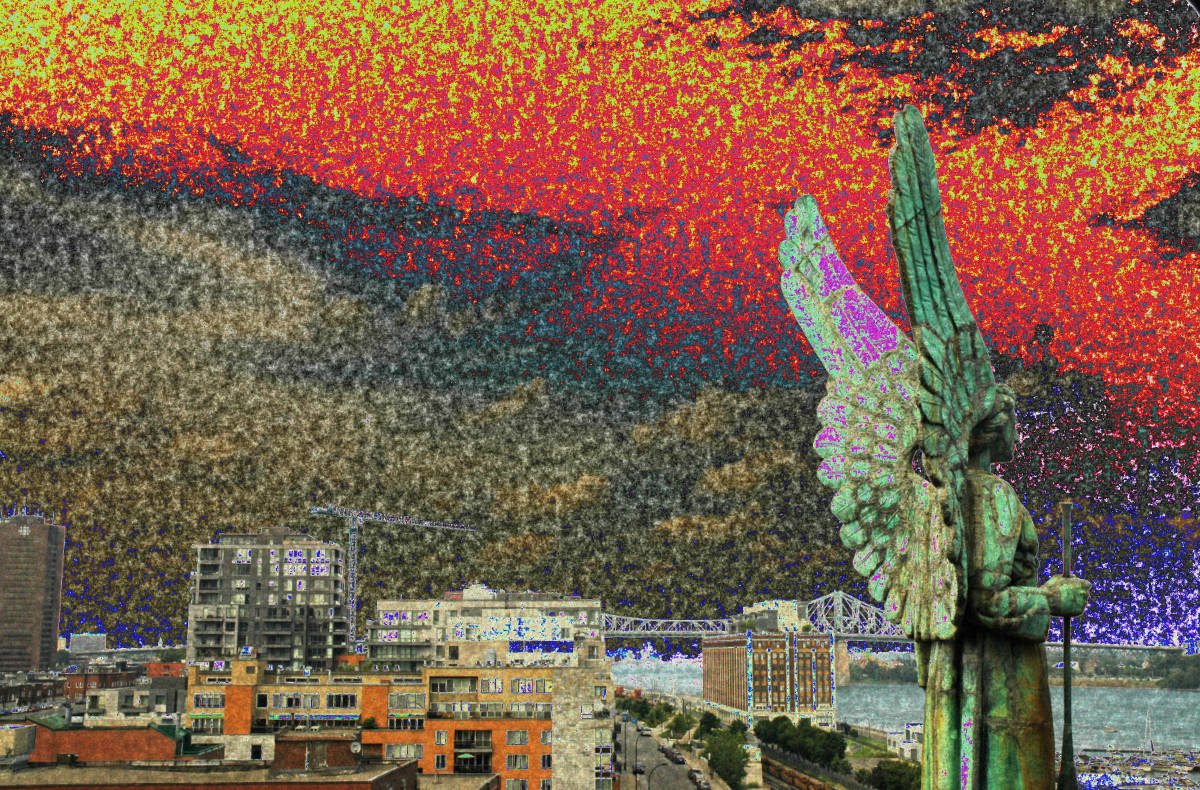 a skyline view from high up, looking at an industrial area of a city, with a large angel statue on the right looking out. There is added noise and the sky is made to look fiery.