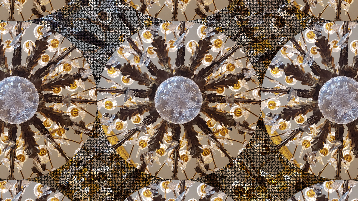 large circles containing an extravagant chandelier from directly below, with only one chandelier in the center being fully in the picture, and the background bewteen the circles is a mosaic of the same image