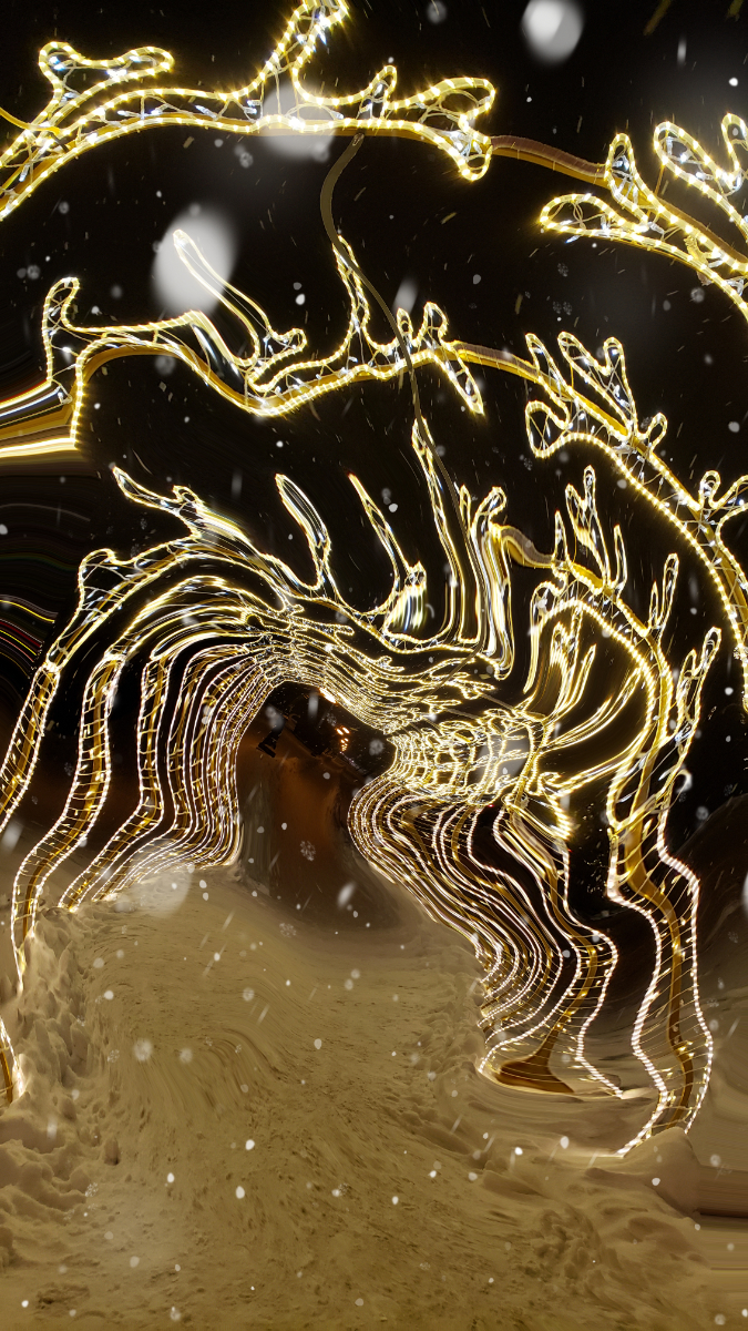 a wire frame over a path lined with holiday lights meant to look like reindeer antlers, illuminated against the night sky and snowy path, but skewed to look like a trippy descent down into wonderland, except with reindeer instead of rabbits?