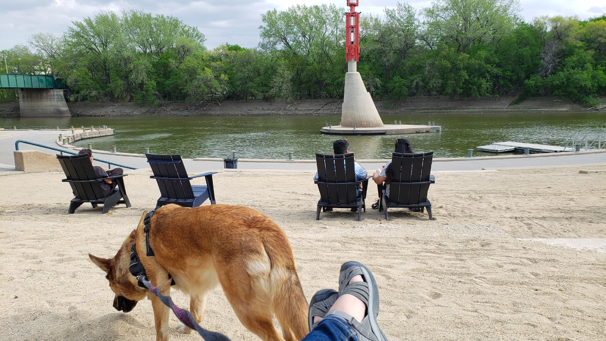 three terraces of sand: one is from the viewer's perspective with a white person's feet crossed in grey closed toe sandals and a dog on a leash sniffing on the left; the second has four navy deck chairs, two of them occupied by a couple sitting side by side, one empty to their left, and one on the very left with a lone man; the third terrace is just plain sand. Below that there is a concrete pier by a river of a greenish colour, with one floating dock to the right. There's a concrete circle coming out in the middle of the river with a concrete and red metal tower. to the left is a bridge with a green wall.