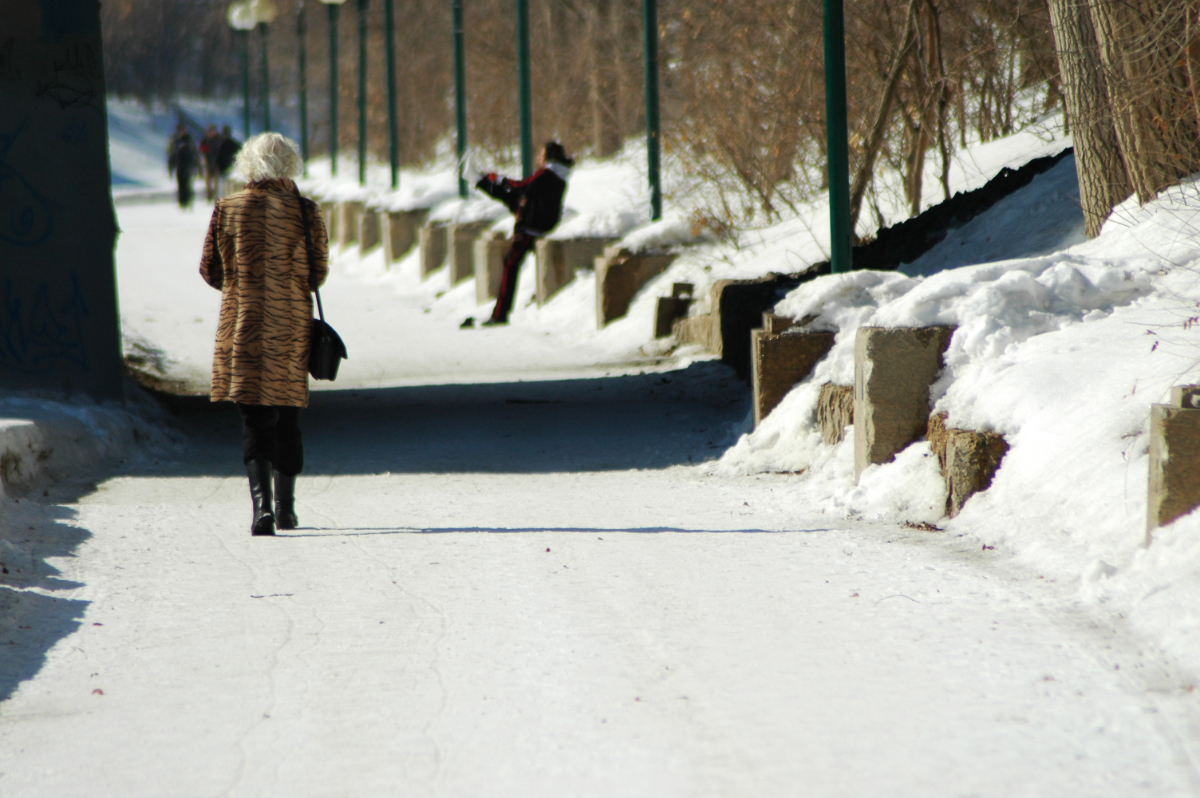 a snowy path next to a river with the back of an older woman wearing a leopard print winter jacket about to walk under a bridge.