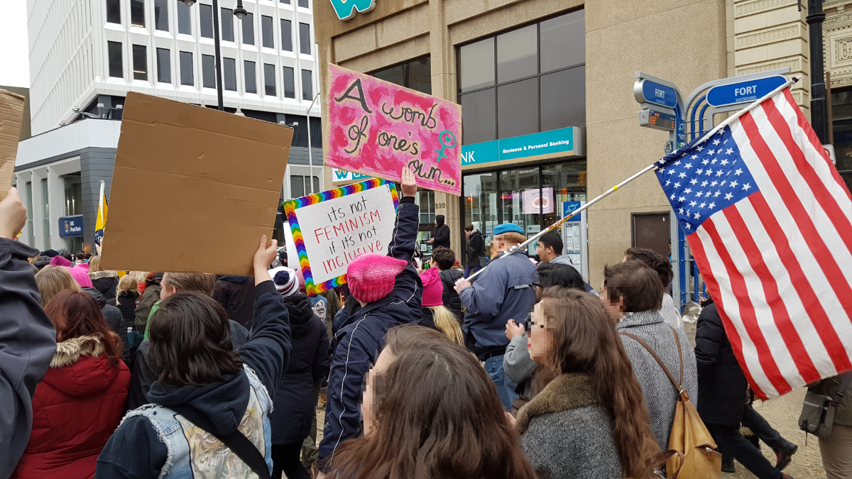 a good chunk of a crowd of protesters from behind, many holding signs up that are blank on the back, but the visible signs say 'it's not feminism if it's not inclusive' and 'a womb of one's own'. One person is carrying a giant US flag upside down. Several people are wearing pink knit pussy hats. Everyone is wearing a coat of some kind and the weather outside looks dreary.