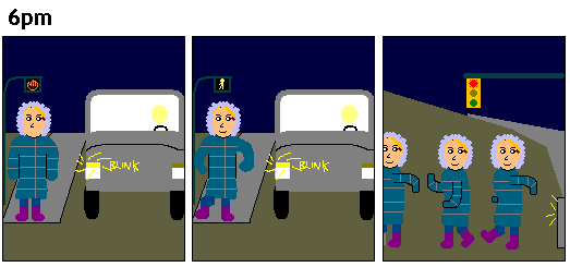 an hourly comic for 6pm drawn in MS Paint of me in a puffy blue parka taking my sweet ass time crossing a street to get in the way of a car trying to turn