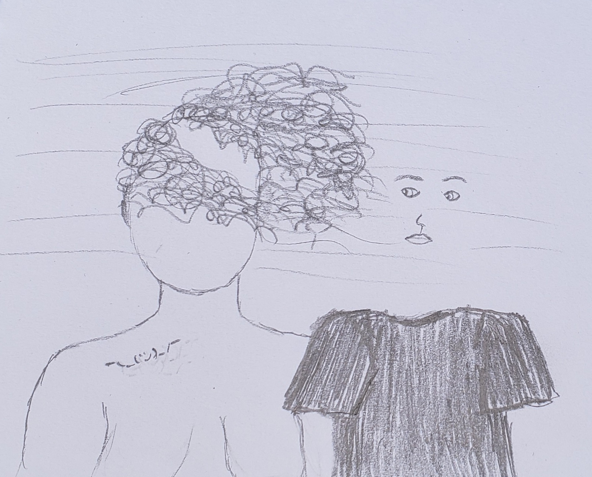 a drawing of my curly hair blowing in the wind toward the right, on top of a faceless head and naked body from just above the nipple up (including my shrug emoticon tattoo), with my escaped facial features and black t-shirt blown off my body