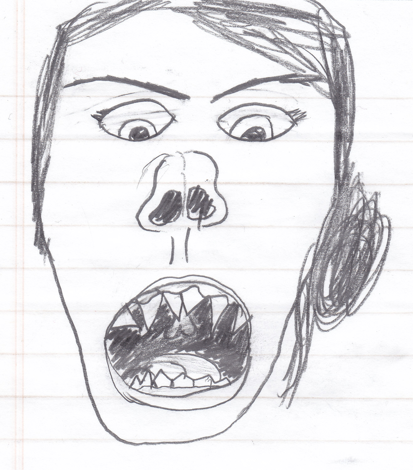 a very monster looking drawing of me, with pointy teeth and a pig-like nose, glaring down