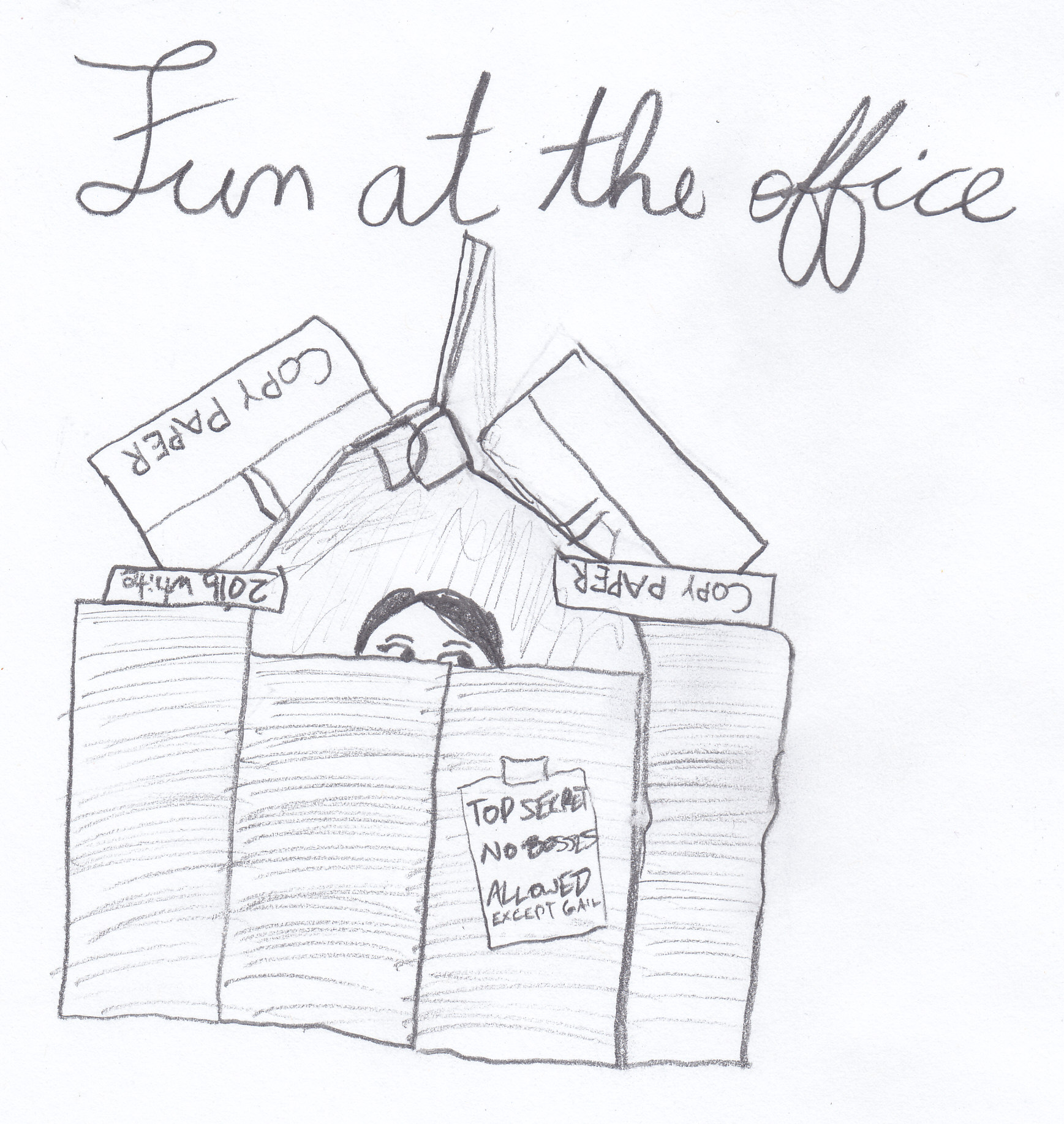 'Fun at the office' written in cursive at the top, with my face looking out of a fort built of office things like boxes of paper