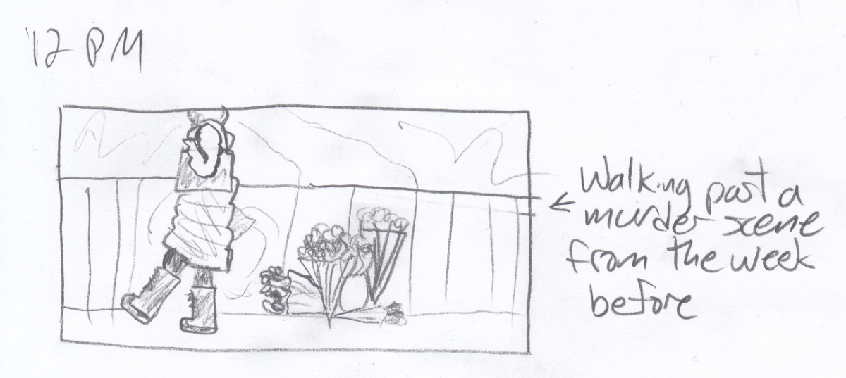 a single-frame comic with '12 PM' at the top, of me from the neck down, in a puffy parka wearing snow boots and carrying a shopping bag, walking down a bridge with bouquets of flowers laid across the railing, and a caption pointing an arrow at the flowers saying 'Walking past a murder scene from the week before'