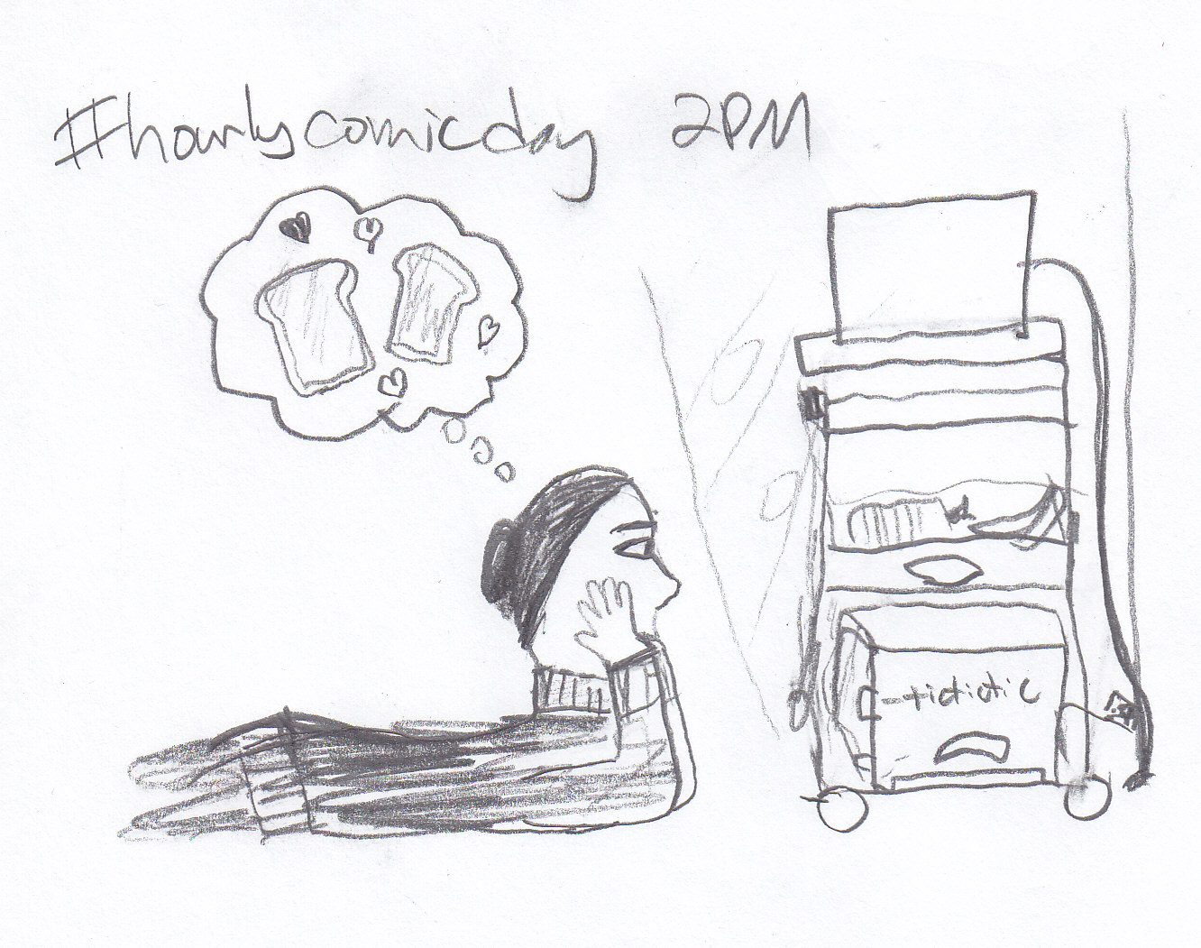 '#hourlycomicday 2 PM' at the top, me lying on my stomach with my chin resting on my hand as I stare at a toaster on a bottom shelf of a kitchen cart that's going 'tictictic'. I have a thought bubble with piece of toast and hearts in it.
