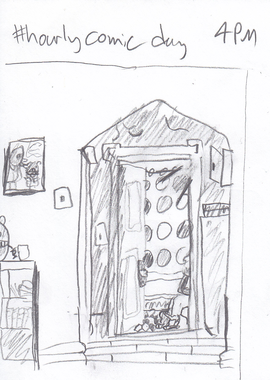 '#hourlycomicday 4 PM' My apartment, with shelves and a framed picture of Reginald and Beartato in suits on a wall to the left, with an archway next to it that leads to the bathroom door, which is open. You can see the tub and shower curtain, and my knees with my pants down to my ankles (as I was pooping), true story.