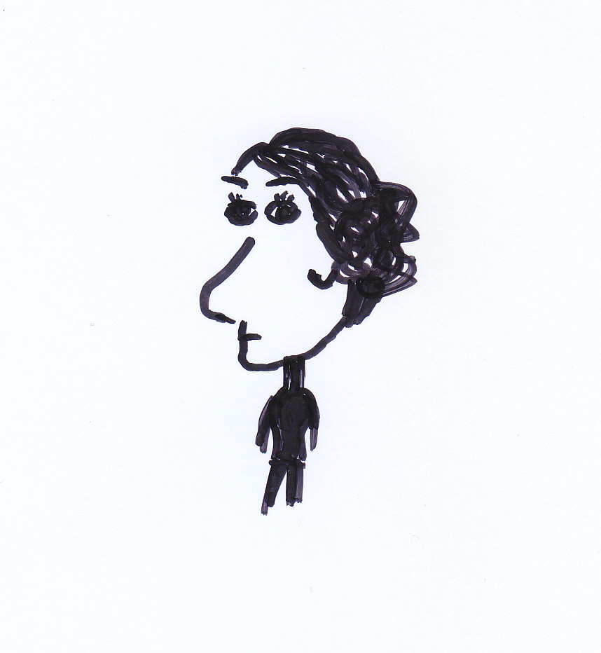 a doodle in black marker of my head on a tiny body