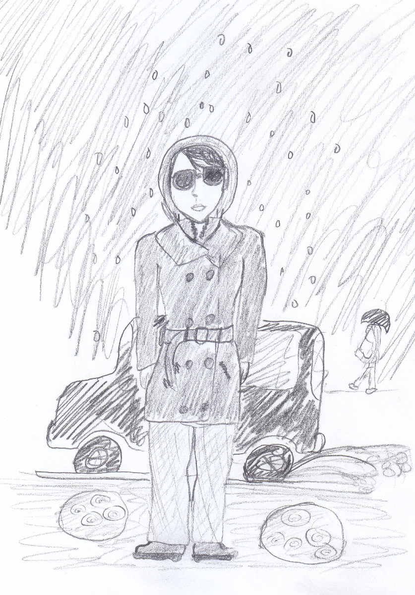 me in a hooded raincoat with a belt around the waist, wearing sunglasses, standing on a rainy sidewalk with a rainy city street scene behind me