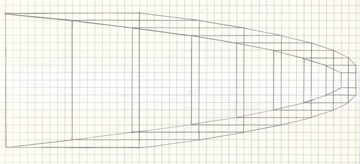 A series of squares of diminishing size connected like cubes, which gives the appearance of a curved hallway