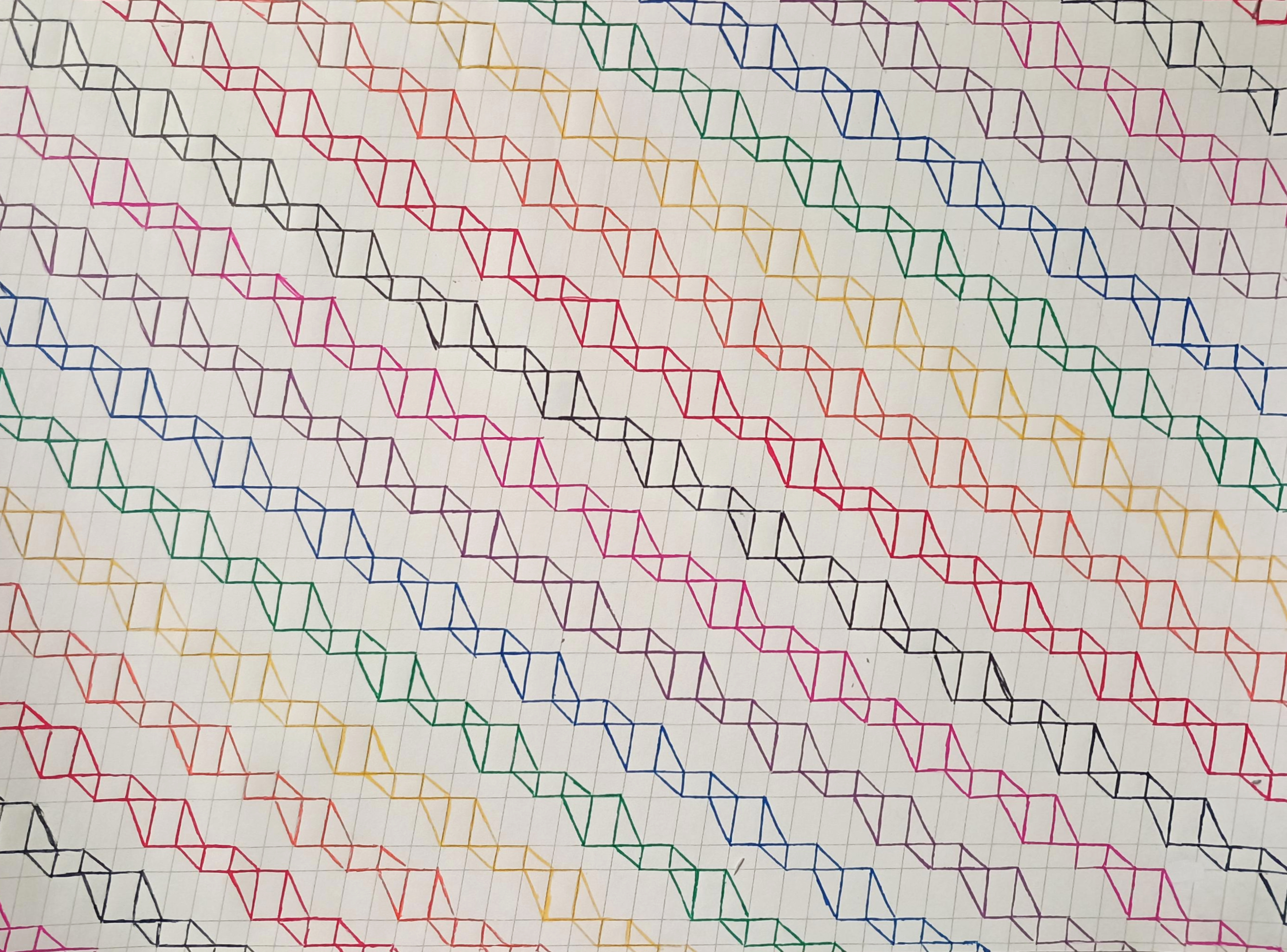 horizontal lines of alternating height and diagonal vertical lines of uniform width, with patterns drawn connecting them in a helix-like way, in different colours with a rainbow order