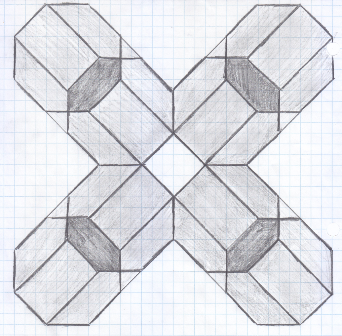 three-dimensional octagonal tube kinds of shapes protruding in all diagonal directions from a middle diamond shape
