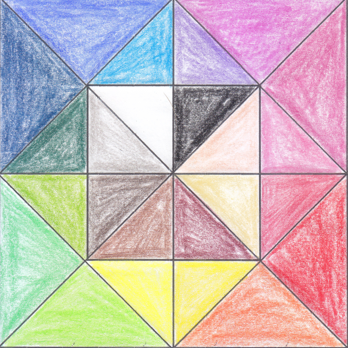 a square with lines dividing the interior into 24 different triangles, all shaded a different colour with pencil crayon.