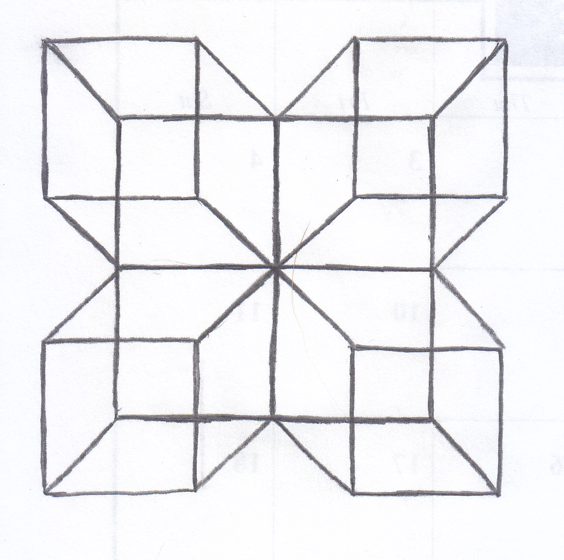 a square with cubes protruding in different diagonal directions from each quarter