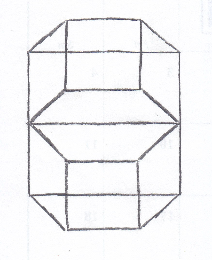 two three-dimensional trapezoids protruding in opposite directions, one up and the other down.