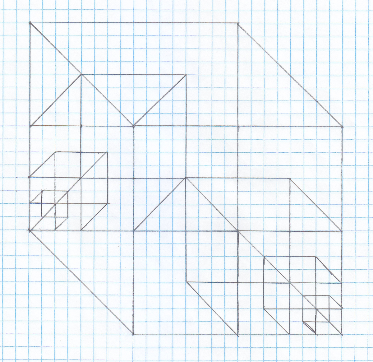 a big cube with many small cubes of shrinking size nested inside it within the top left and bottom right corner