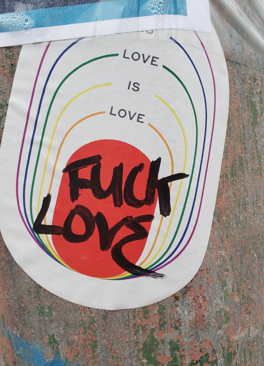 a lamppost with a partially covered sticker that was a series of vertical rounded rectangles in colours of the rainbow with the message 'love is love is love' going down one word each line. somebody has written over it in black chisel tip marker writing 'FUCK LOVE'