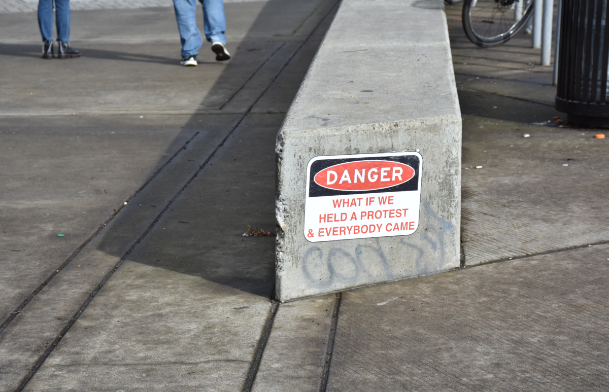 a concrete curb at the edge of a sidewalk with a legit-looking sign on the side saying 'DANGER' in white letters in a red oval, then below it 'what if we held a protest & everybody came' in black text on a white background below it