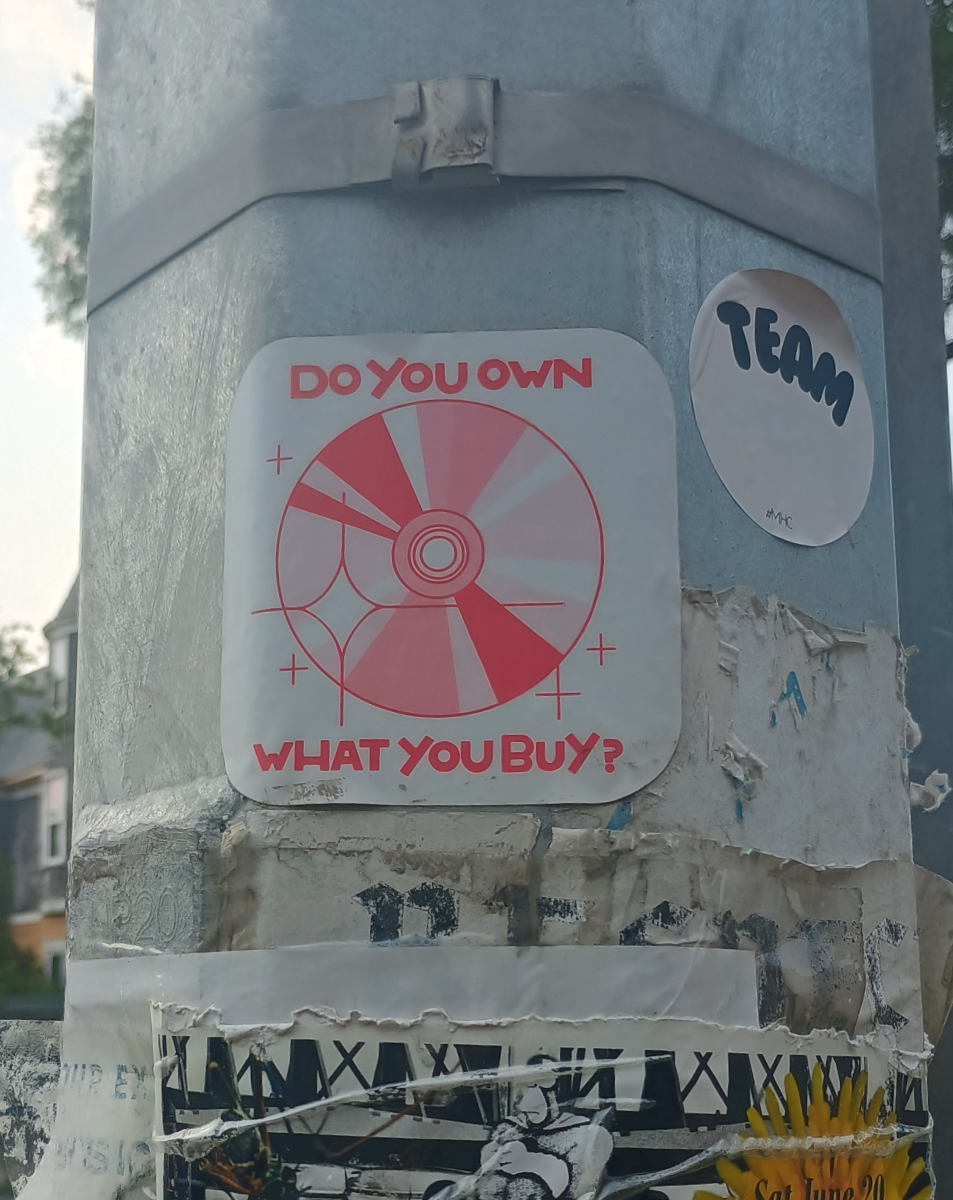 Winnipeg a metal lamppost with a white rounded square sticker with a salmon-coloured drawing of a CD and 'do you own what you buy' in text