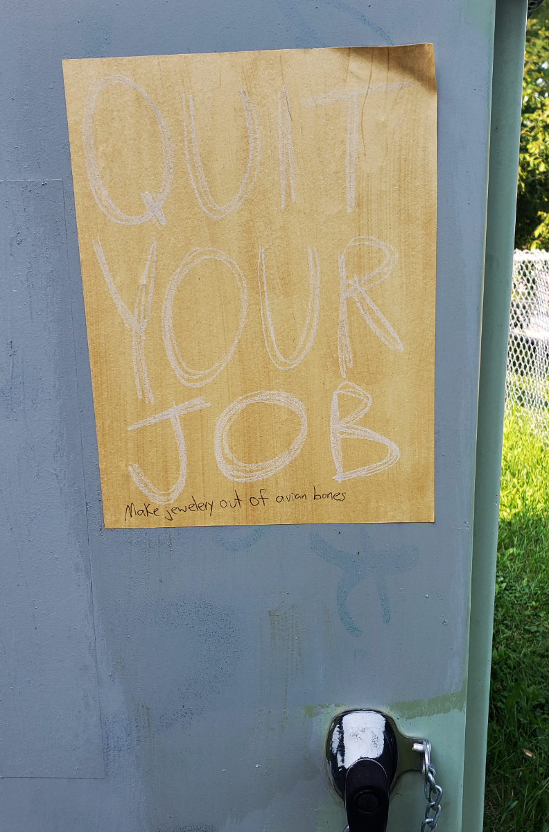 QUIT YOUR JOB poster with 'Make jewelery out of avian bones' written in pen.