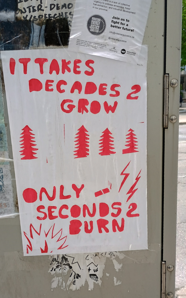 A white poster on a grey power box with bright orange text saying 'it takes decades 2 grow, only seconds 2 burn' with silhouettes of trees and a flame