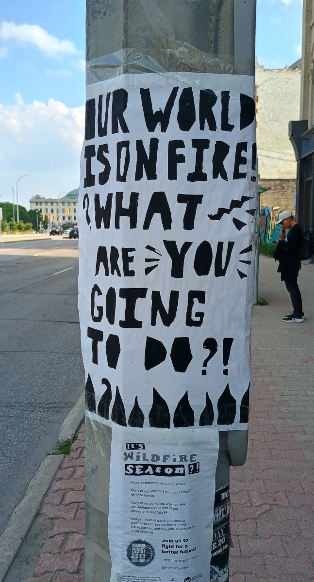 a white poster with black blocky handwritten text saying 'our world is on fire! what are you going to do?'